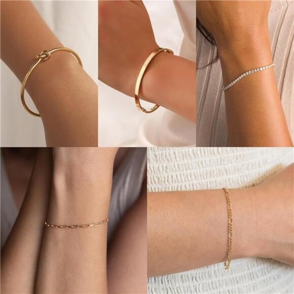 14K Real Gold Plated Bangle Cuff Bracelet Set Gold Beaded Tennis Paperclip main image 5